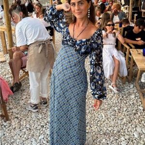 RIXO Blue and White Long Sleeve Dress